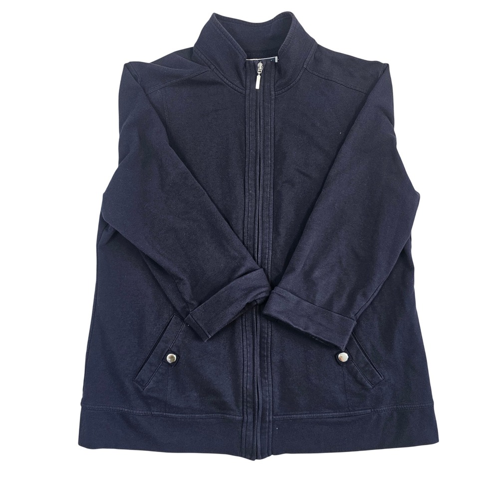 Karen Scott Sport Womens Navy Blue Full Zip Jacket Mock Neck 3/4 Sleeve Large L